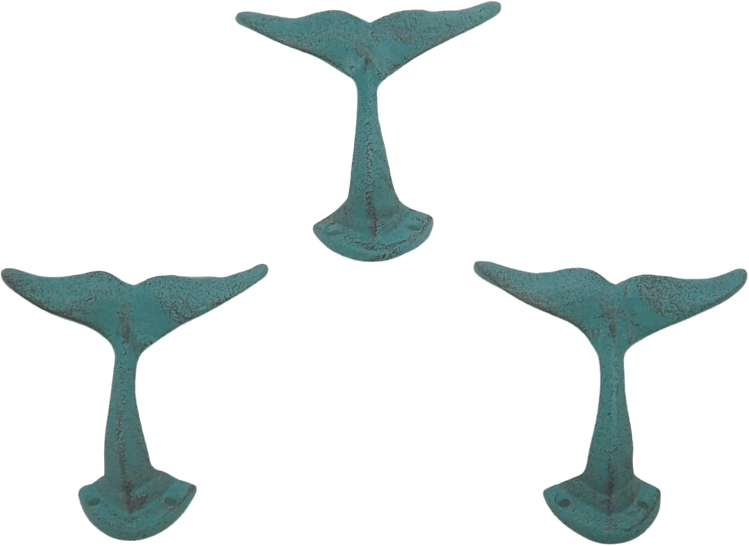 Light Blue Whale Tail Cast Iron Wall Hooks, Wall Mounted for Hanging Coats, Purses, Towels, Hats, Beach Themed Wall Decor, Set of 3, 4.75 Inches High